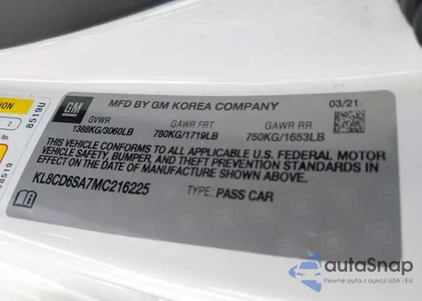 2021 Chevrolet Spark Fwd 1Lt Automatic from USA, damaged, VIN KL8CD6SA7MC216225